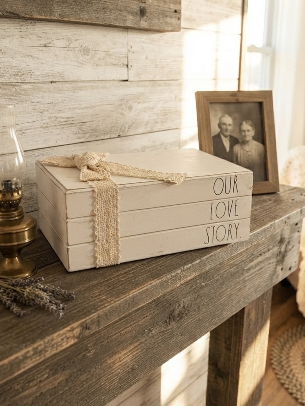 Rae Dunn Our Love Story" decorative book stack.
